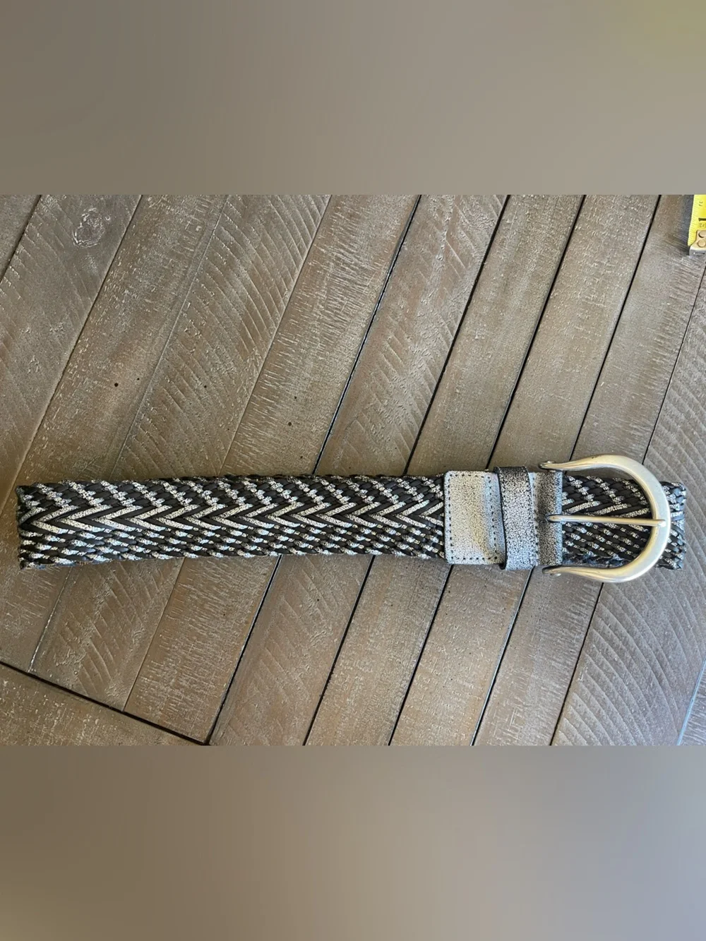 Vintage Linea Pelle Braided Black and Silver Women's Belt with Silver Buckle